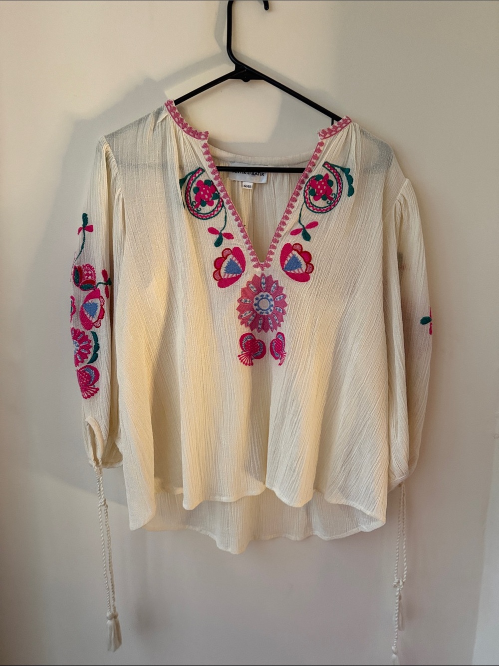 Embroidered V-Neck Peasant Blouse - Cream with Pink Floral Embroidery